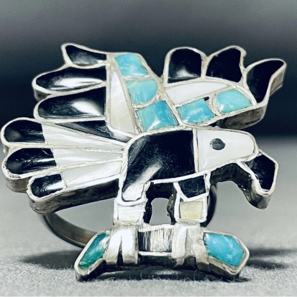 Vintage ZUNI TURQUOISE EAGLE Sterling silver 925 ring - native RARE size 7 🔥🦅